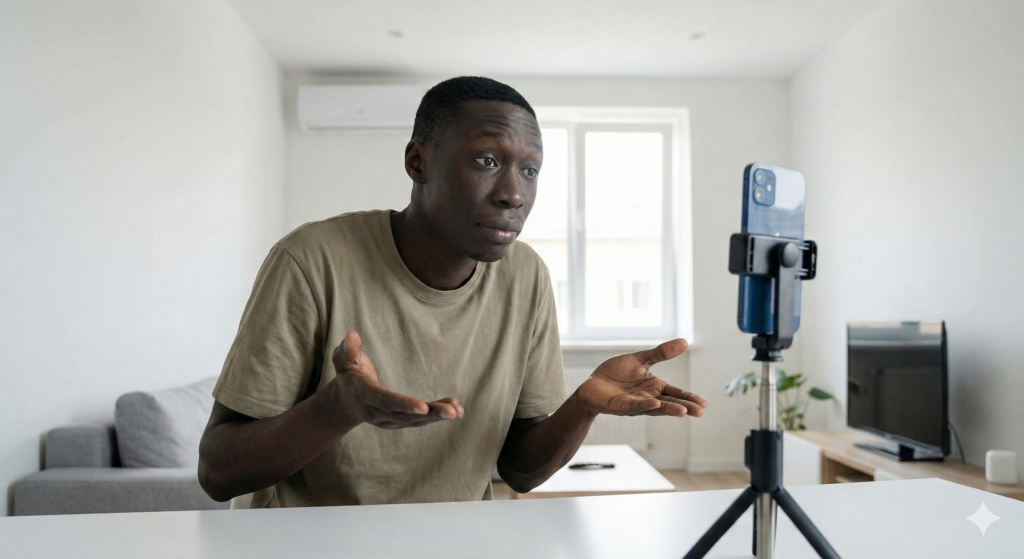 صانع المحتوى الشهير خابي لام (Khaby Lame) يجلس أمام هاتف ذكي مثبت على حامل ثلاثي في غرفة معيشة بسيطة، ويقوم بحركة يديه الشهيرة وتعبير وجهه الساخر والصامت، مما يمثل أسلوبه في الكوميديا العفوية على تيك توك