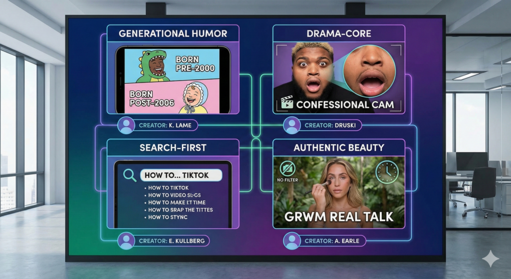 A modern digital infographic displayed on an office screen, categorized into a 2x2 grid showcasing four key social media trends for 2026. Top left: 'Generational Humor' featuring a 'Born Pre-2000' dinosaur meme credited to creator K. Lame. Top right: 'Drama-Core' showing a shocked 'Confessional Cam' reaction credited to Druski. Bottom left: 'Search-First' illustrating a 'How To' search interface credited to E. Kullberg. Bottom right: 'Authentic Beauty' depicting a 'No Filter' makeup tutorial credited to A. Earle.