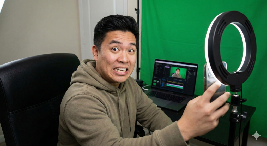 A content creator with a dramatic facial expression filming a 'confessional' style video on a smartphone with a ring light and green screen background, representing the Reality TV Edit trend."
